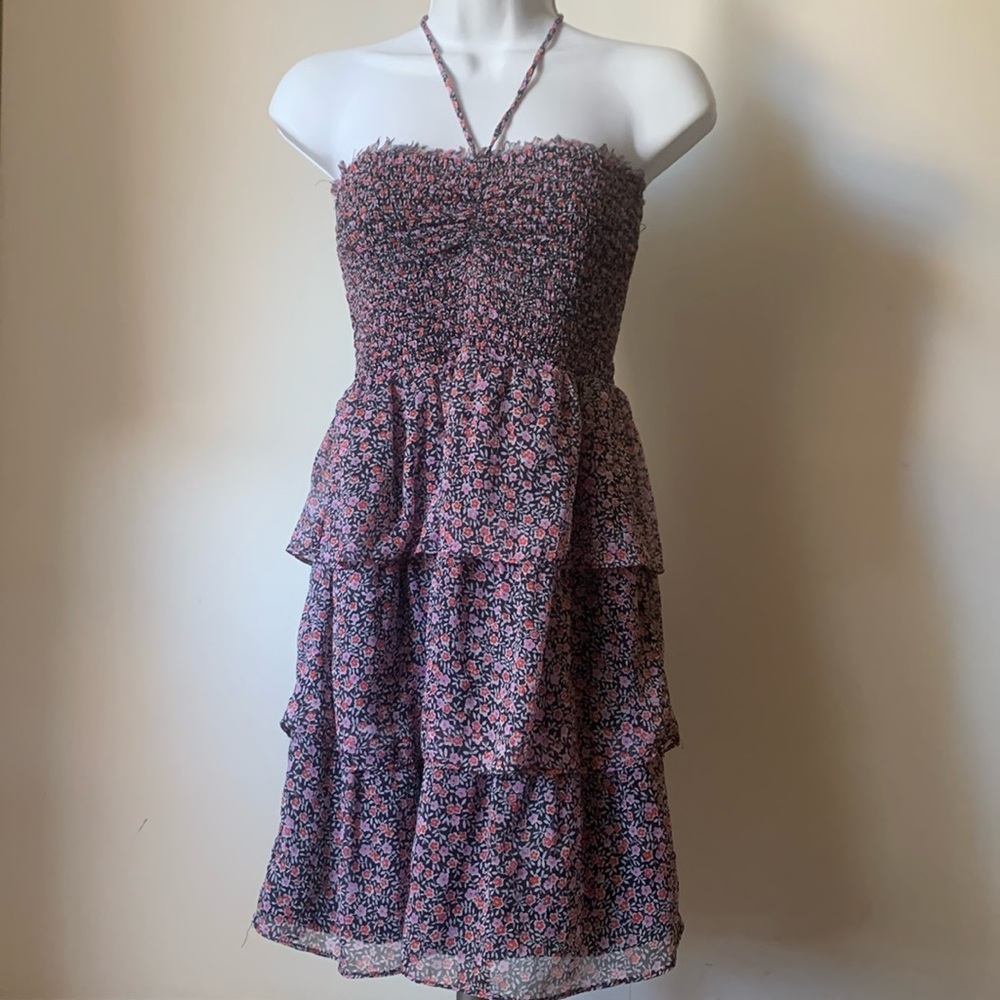 AEO floral halter tiered mini dress